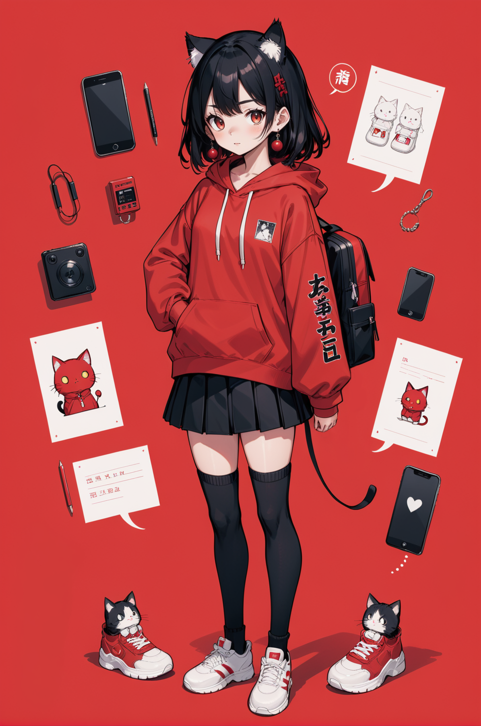 1girl, red eyes, red background, hood, backpack, cat, red hoodie, drawstring, black hair, shoes, hood down, hoodie, long s...